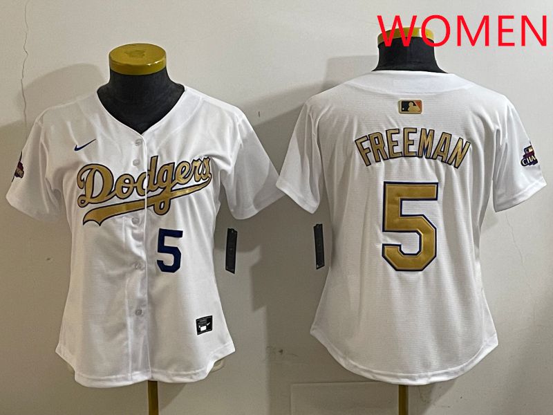 Women Los Angeles Dodgers #5 Freeman White Champion gold character 2025 Nike MLB Jersey style 4121